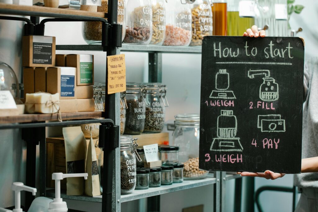 pexels-photo-7262998-7262998 Assorted natural products and food in glass jars and paper packages on shelves in self service eco shop